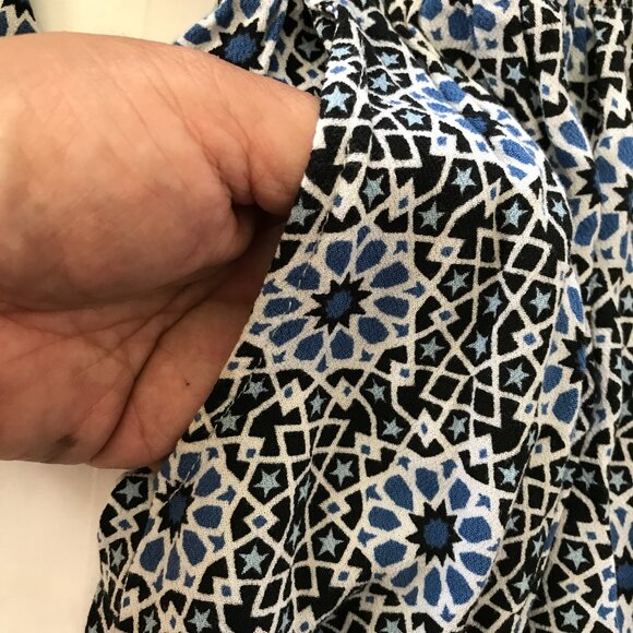 Ava Sky Romper Dress Women S Blue Geometric Tie Waist Pocket Long Sleeve Stretch - Picture 12 of 13